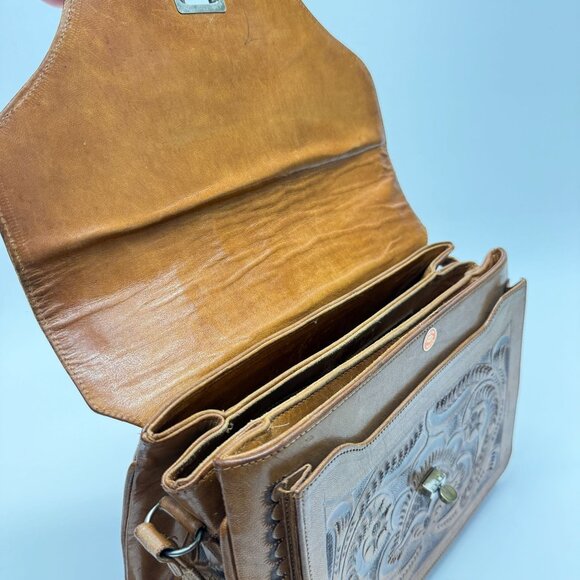 Vintage Hand Tooled Leather Shoulder Bag Made In Mexico Rose Flower - Picture 4 of 16